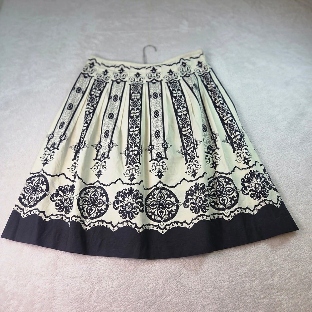 Nine & Company Nine West Black Cream Damask Baroque Print Cotton A-Line Skirt 8